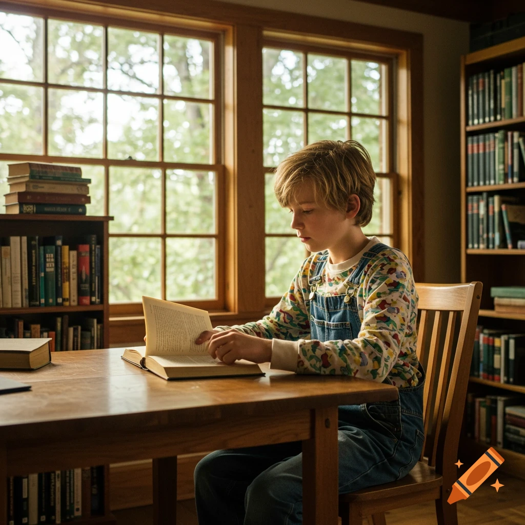A blond boy in overalls reads a book at a wooden table in a sunlit library with bookshelves.