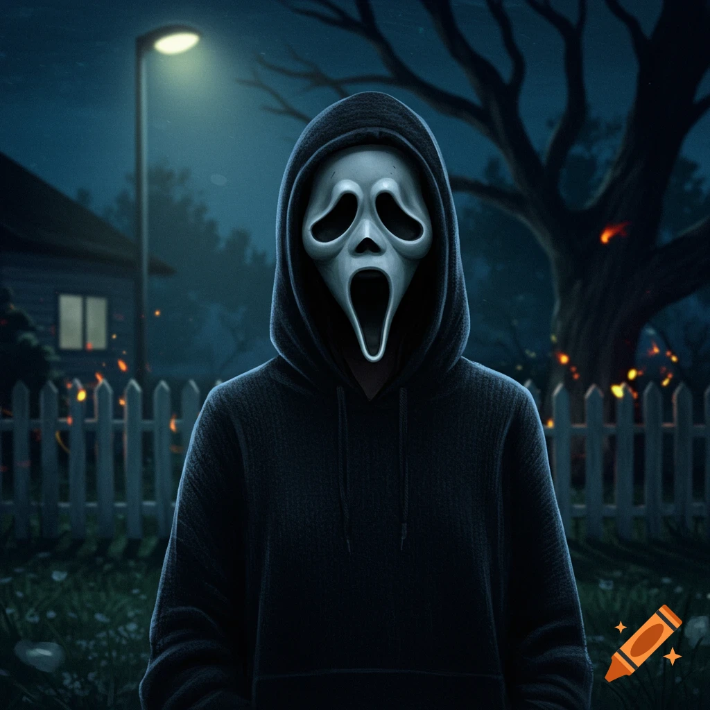A person in a Ghostface mask stands at night in a suburban yard with a burning tree, digital art.
