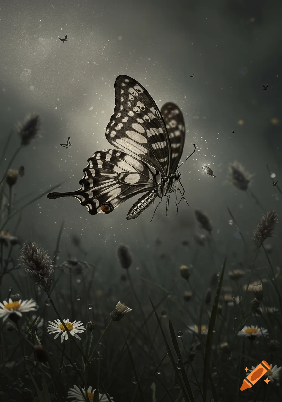 A large black and white patterned butterfly floats above dark, dewy grass with small white flowers in a moody, ethereal setting.