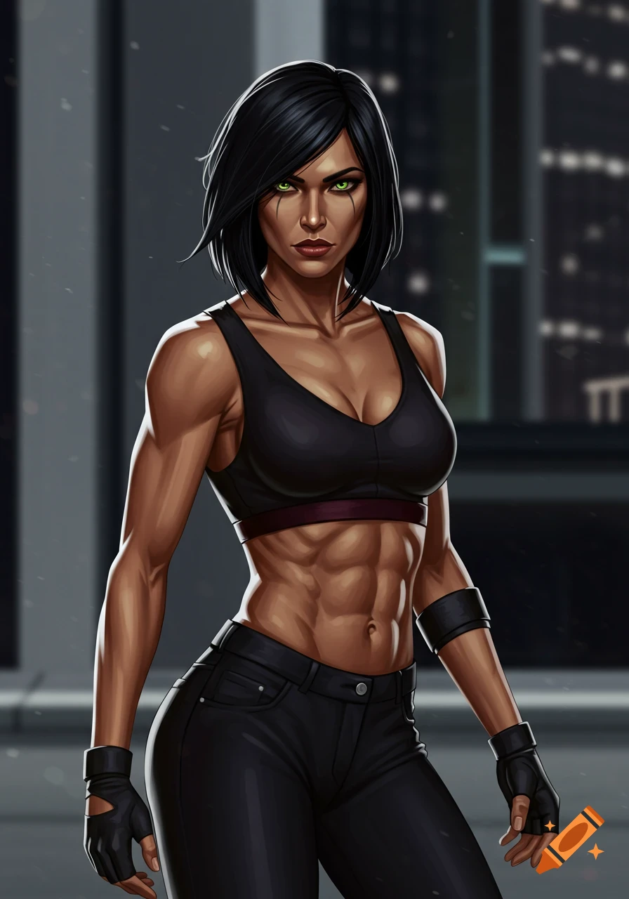 Stylized illustration of an athletic woman with short black hair and intense green eyes, wearing a black sports bra and jeans, in an urban setting.