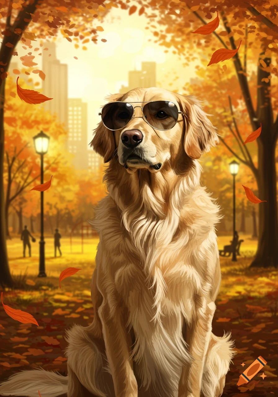 A Golden Retriever in aviator sunglasses sits in an autumn park with falling leaves and city buildings, rendered in a painterly style.