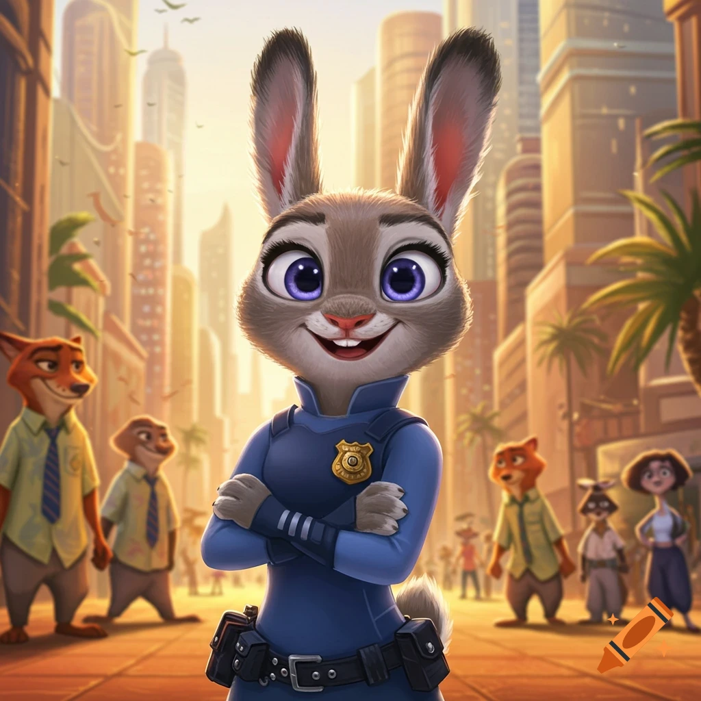 Animated Judy Hopps, a smiling rabbit police officer with crossed arms, stands in a Zootopia city street with other animal characters.