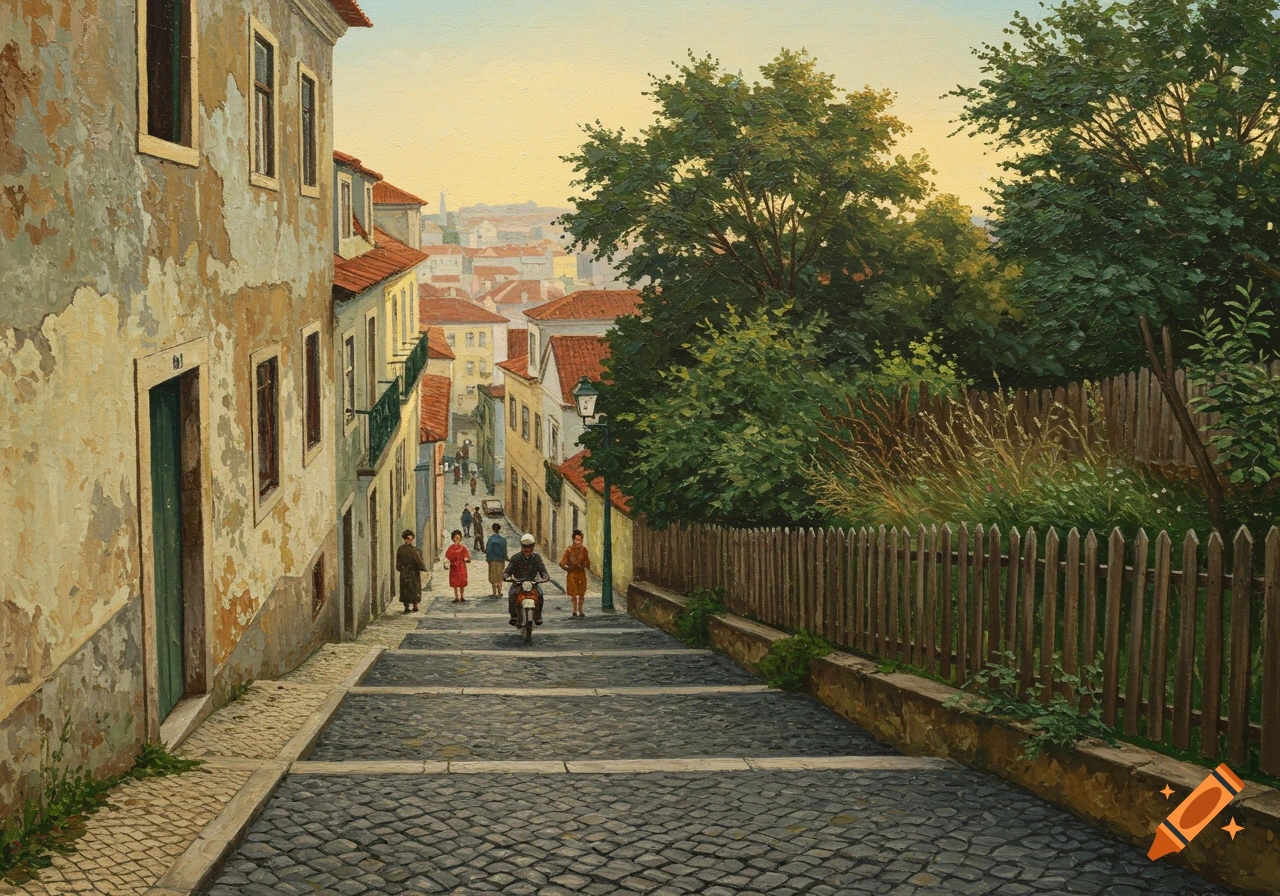 An oil painting of a narrow, sloping cobblestone alley in Lisbon with decaying buildings, people, a motorcycle, a wooden fence, and trees.