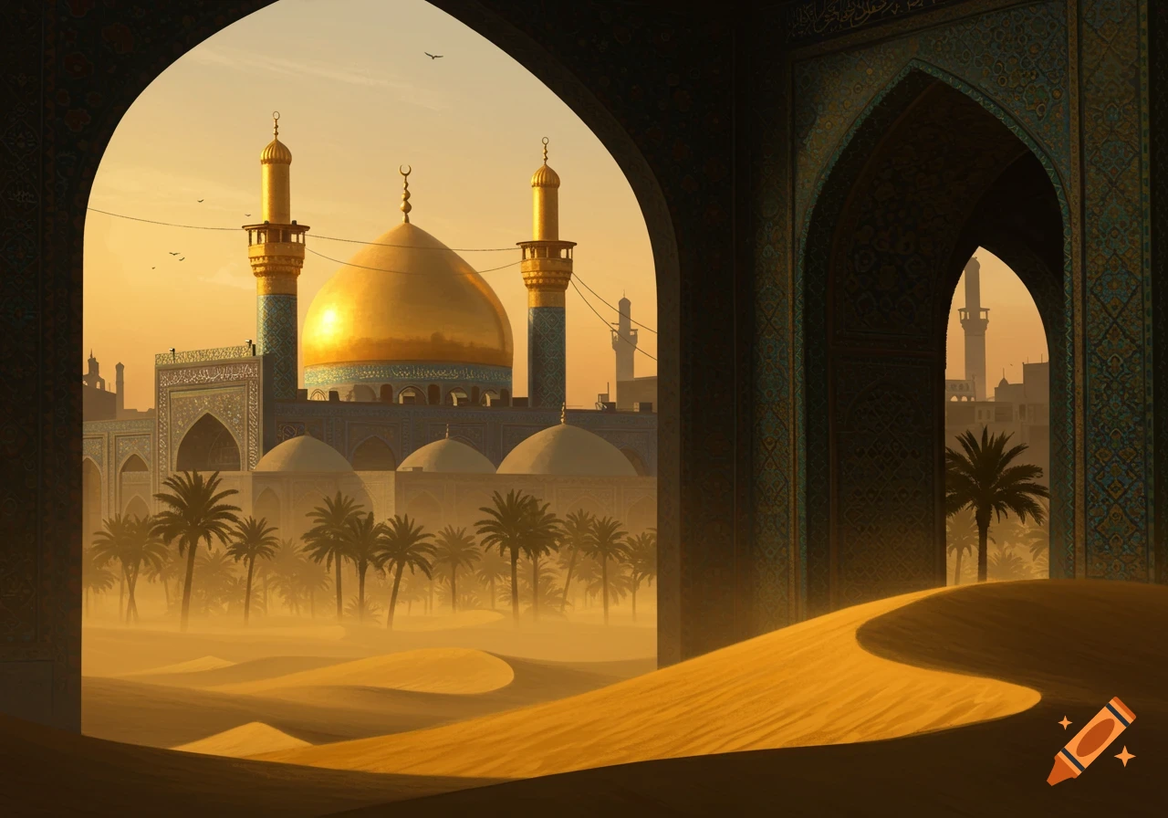 A golden-domed mosque with minarets and intricate arches in a desert landscape with palm trees and sand dunes at sunset.