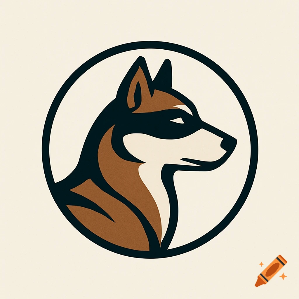 Stylized brown and black husky head in profile, wearing a bandit mask, within a black circle on a cream background.