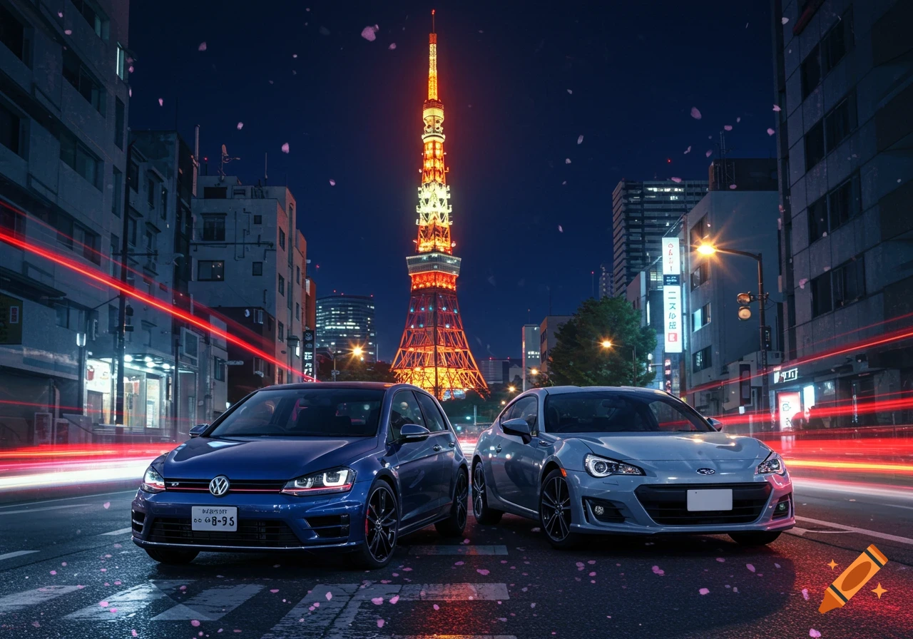 A blue VW Golf R and a light blue Subaru BRZ parked on a wet city street at night, with the illuminated Tokyo Tower and buildings in the background, surrounded by falling pink cherry blossoms.