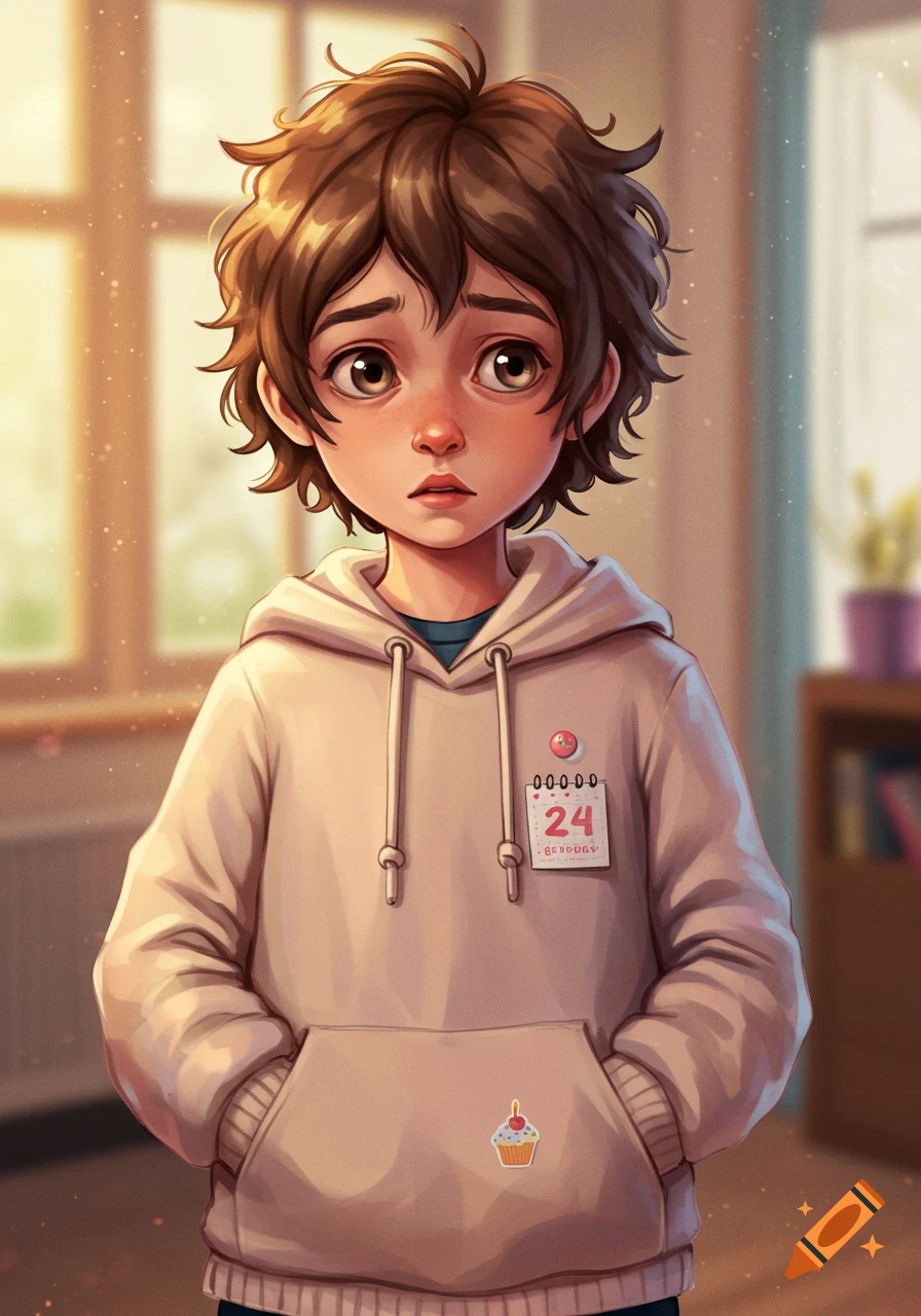 A shy, nervous boy with brown curly hair and big eyes wears a light hoodie with a '24' calendar pin and cupcake sticker.