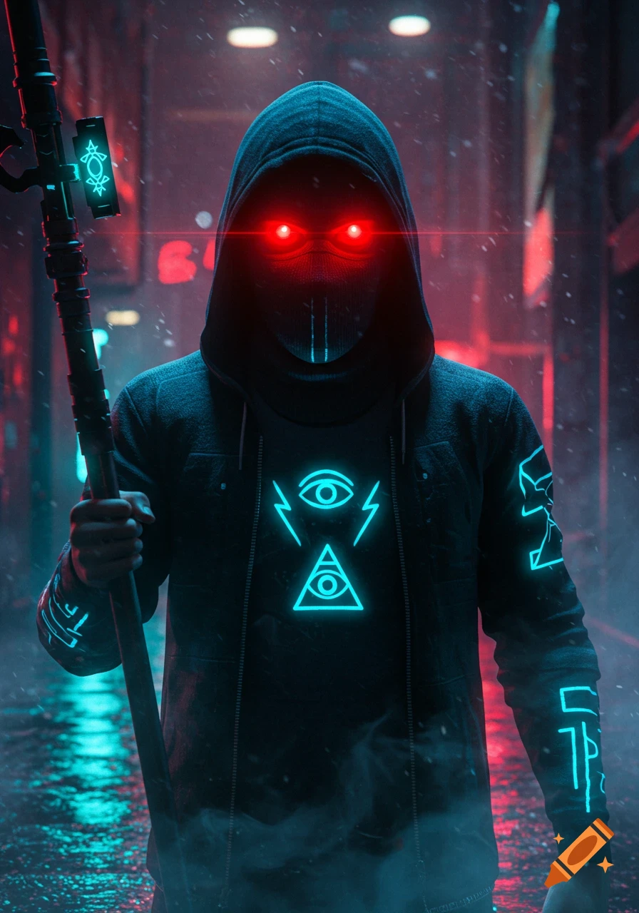 A mysterious hooded figure with glowing red eyes stands in a rainy, neon-lit cyberpunk alley, holding a staff with a glowing symbol.