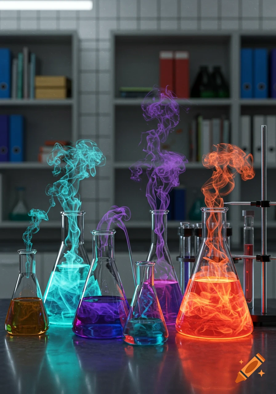 Vibrant glowing liquids in laboratory flasks emit colorful swirling smoke in a dimly lit lab.