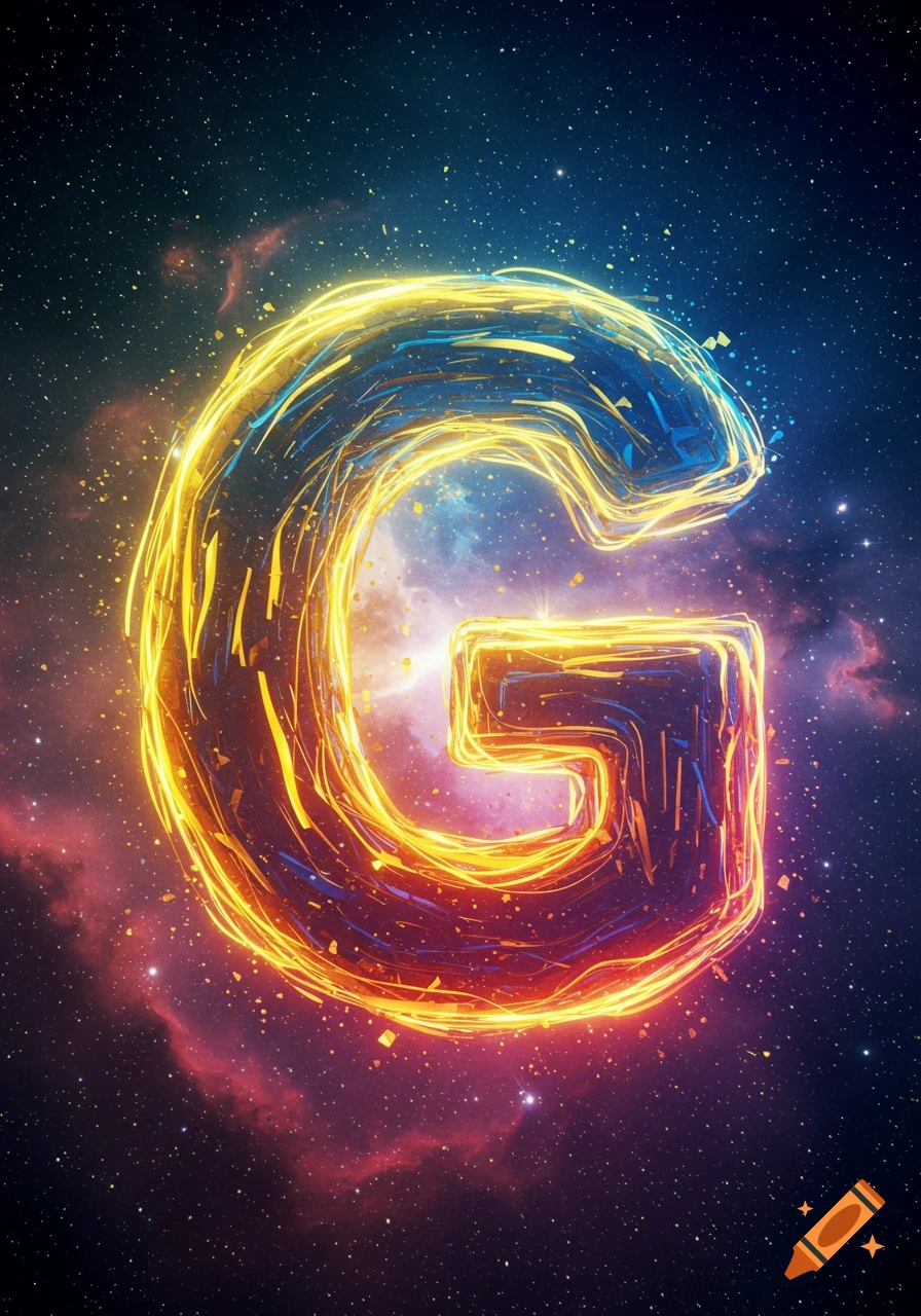 A glowing, energetic letter 'G' composed of blue and orange swirling light, set against a vibrant starry galaxy.