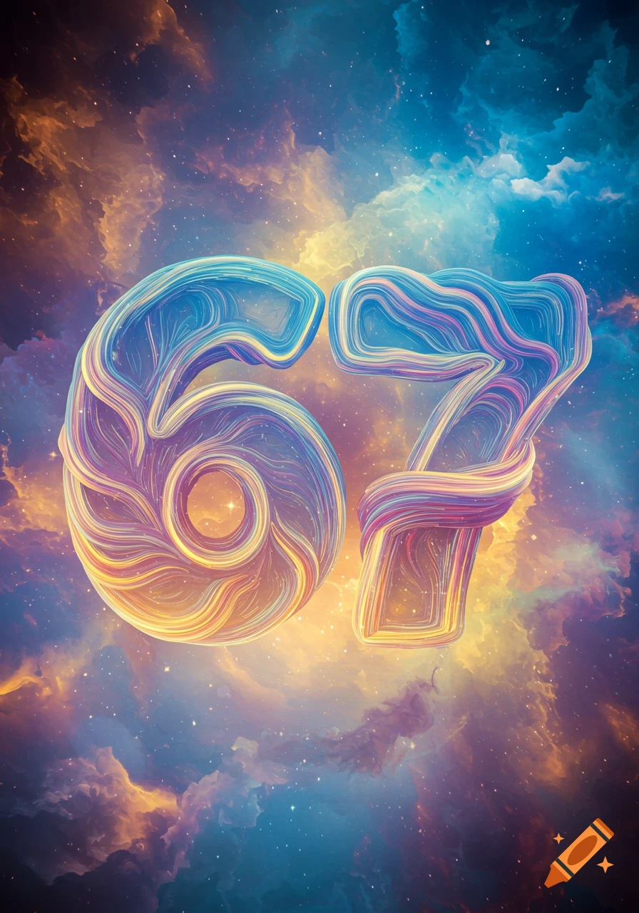 Stylized numbers 6 and 7, rendered with colorful swirling lines, floating in a vibrant cosmic nebula with stars.