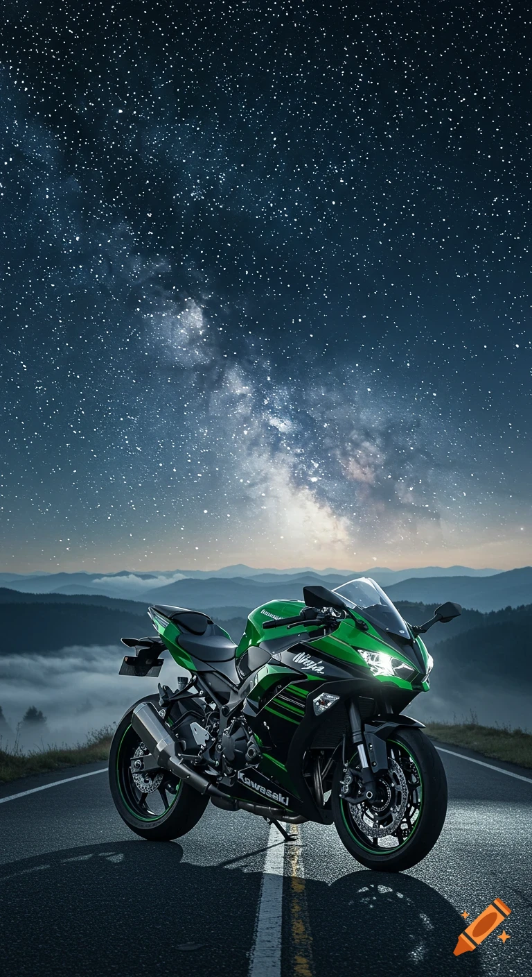 A green and black Kawasaki Ninja motorcycle parked on an asphalt road with a white line under a dramatic starry night sky and distant mountains.