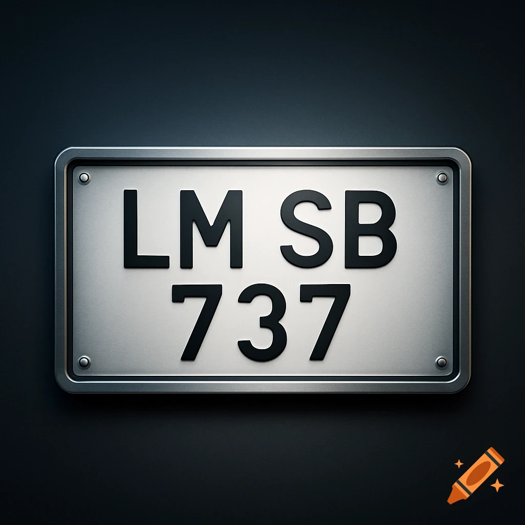A close-up of a silver license plate with black letters LM SB 737, against a dark background in a photorealistic style.