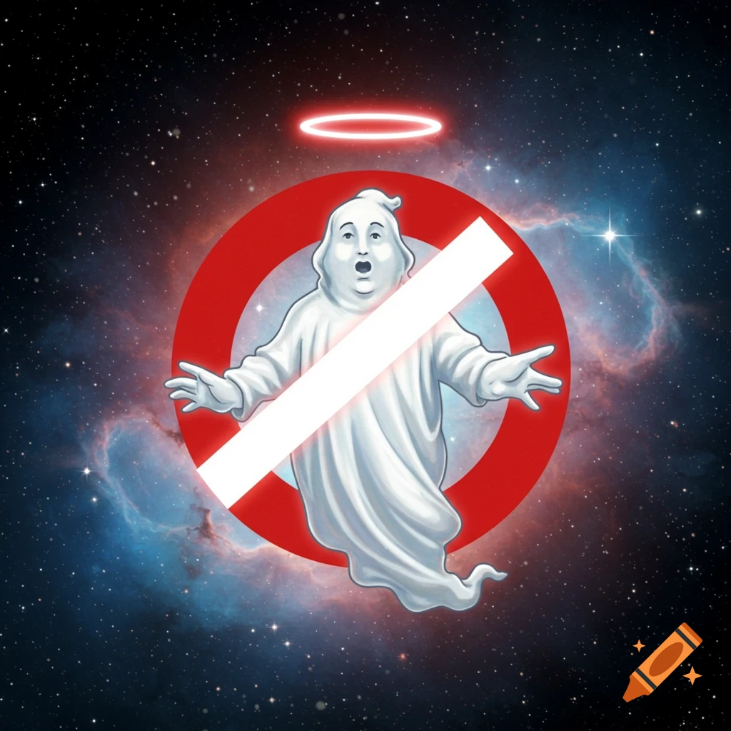 A white cartoon ghost with a halo and outstretched arms, partially covered by a red 'no' symbol, against a starry cosmic background.