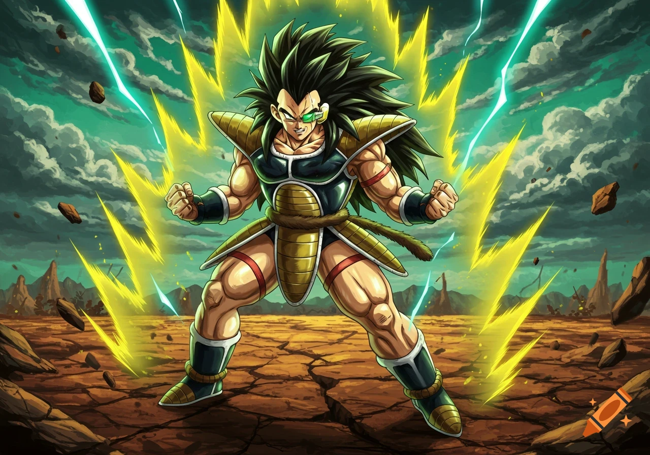 A powerful anime warrior with long spiky black hair and green armor stands on cracked ground, surrounded by glowing yellow energy.