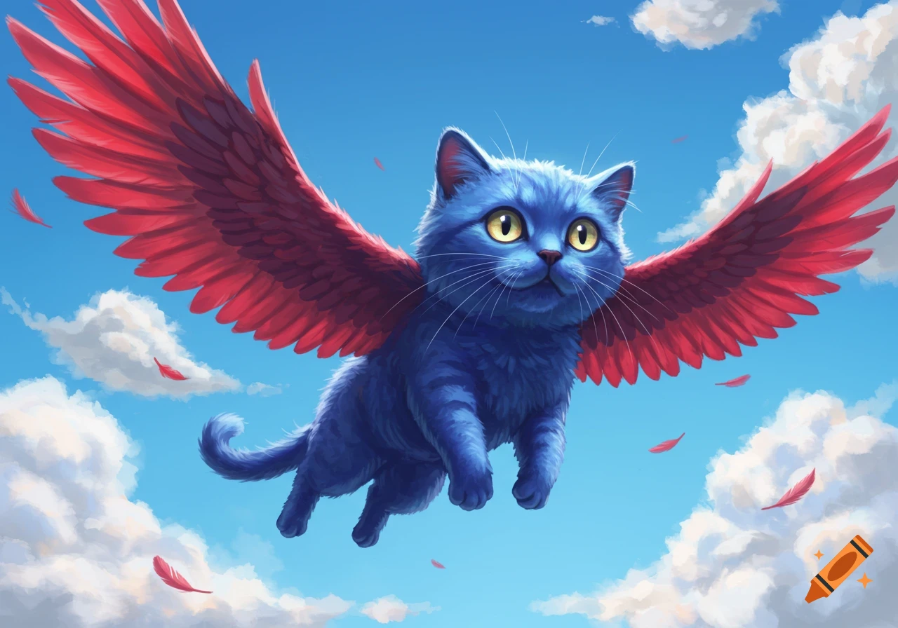 Cute blue cat with red wings flying through a bright blue sky with white clouds.