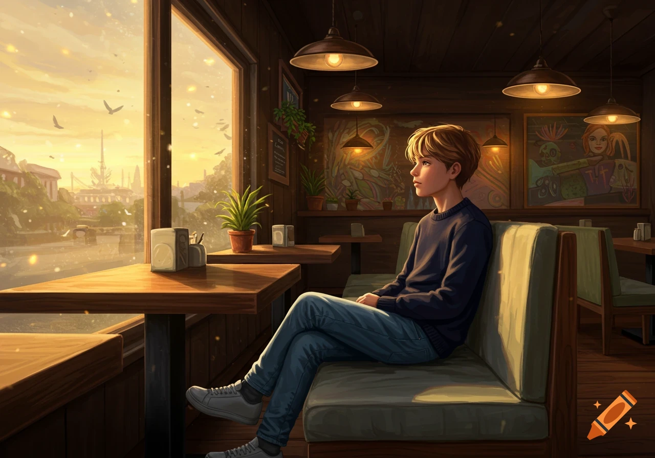 A boy with blond hair sits in a cozy cafe, looking out a window at a golden hour cityscape, digital illustration.