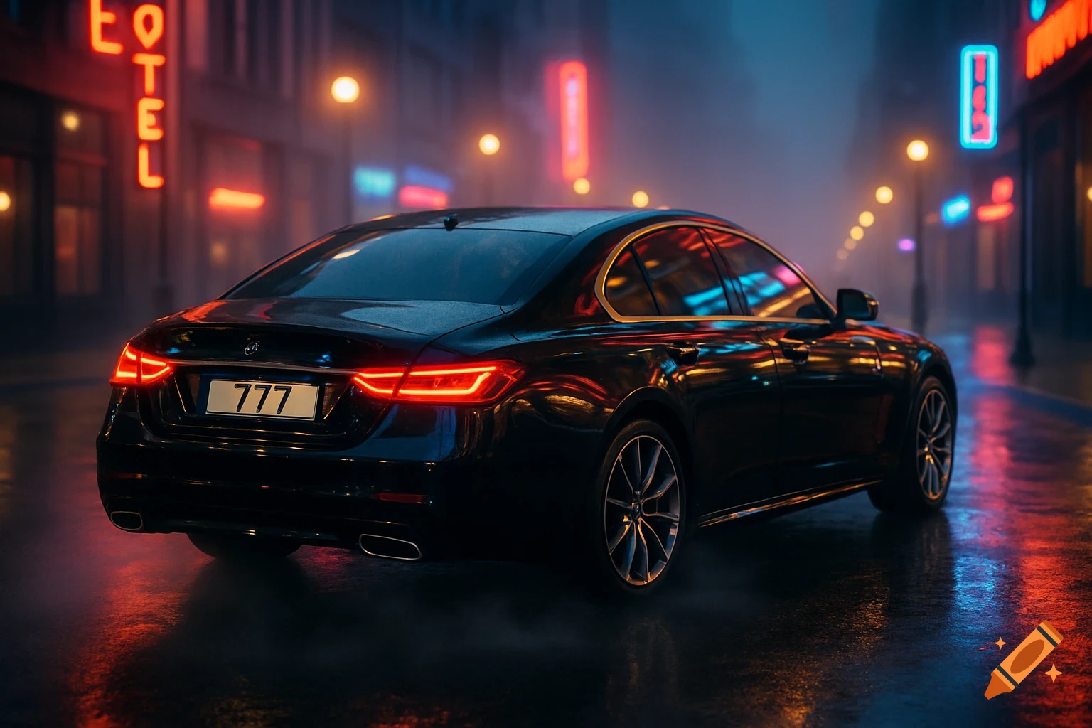 Black luxury car with license plate '777' on a wet city street at night, lit by neon signs. Photorealistic style.