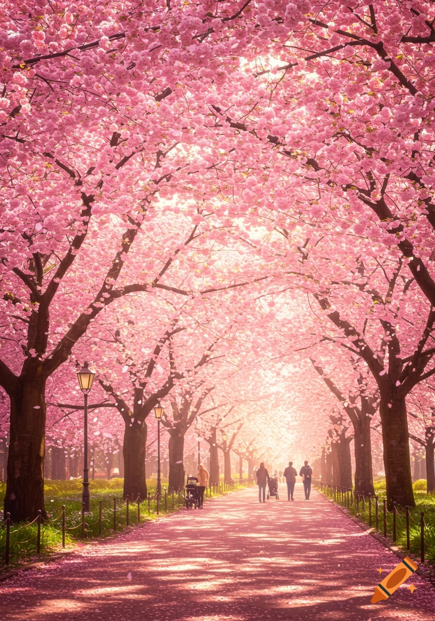 Photorealistic image of a scenic park path lined with vibrant pink cherry blossom trees, with people walking in the distance.