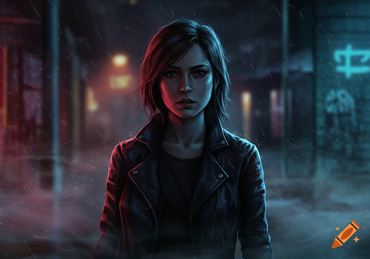 A serious young woman in a leather jacket stands in a dark, rainy urban street lit by red and blue neon lights, digital art.