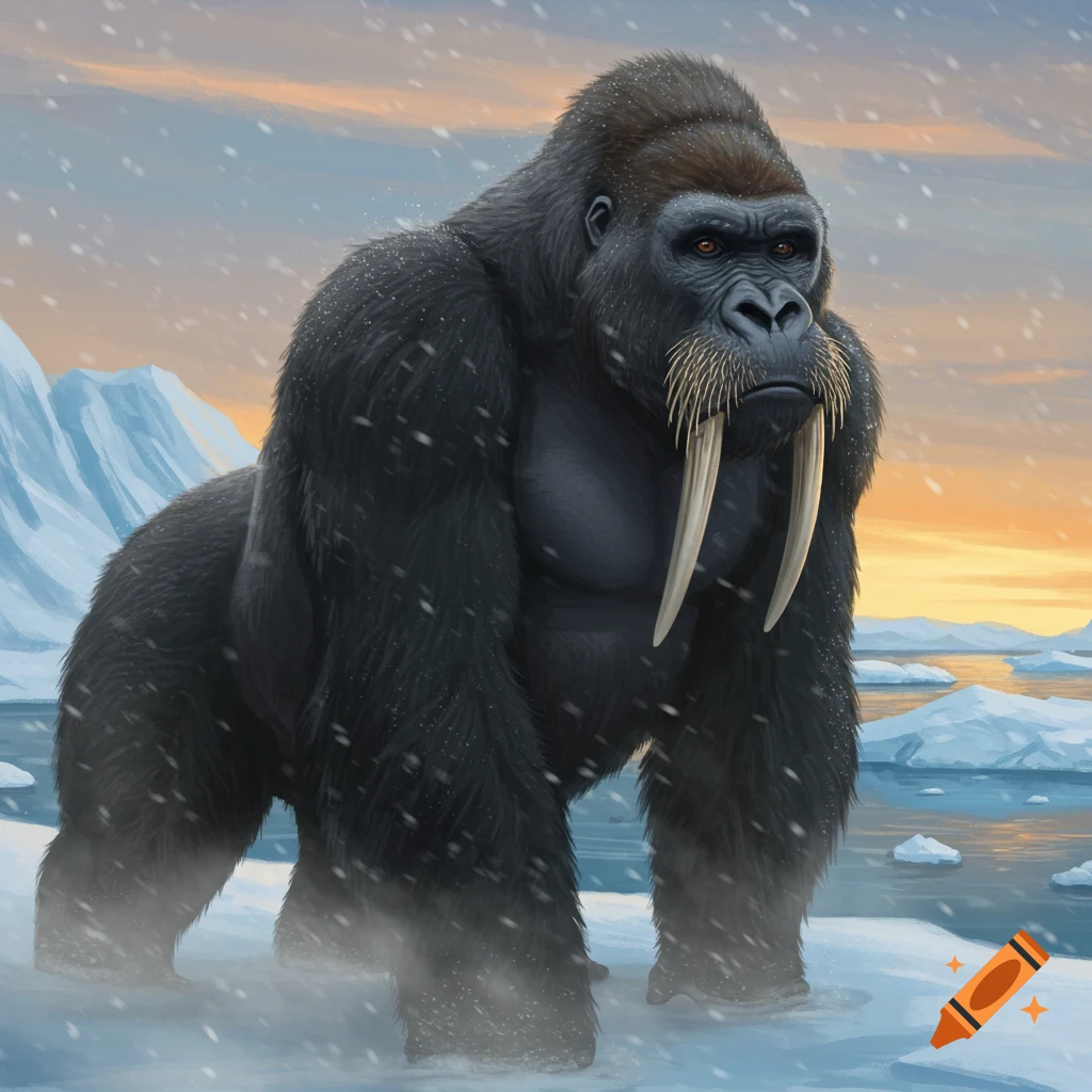 A gorilla-walrus hybrid with large tusks stands in a snowy arctic landscape under an orange sunset.