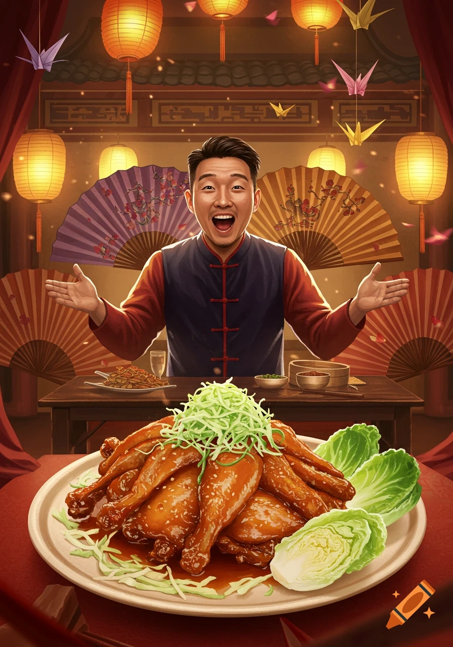 A happy Asian man gestures excitedly in a festive Chinese setting, with a large plate of roasted chicken and lettuce in the foreground.