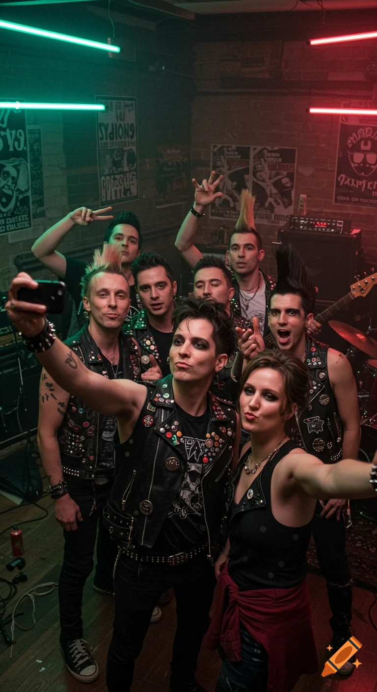 A group of punk musicians, some with mohawks, take a selfie in a dimly lit rehearsal room with neon lights and band posters.
