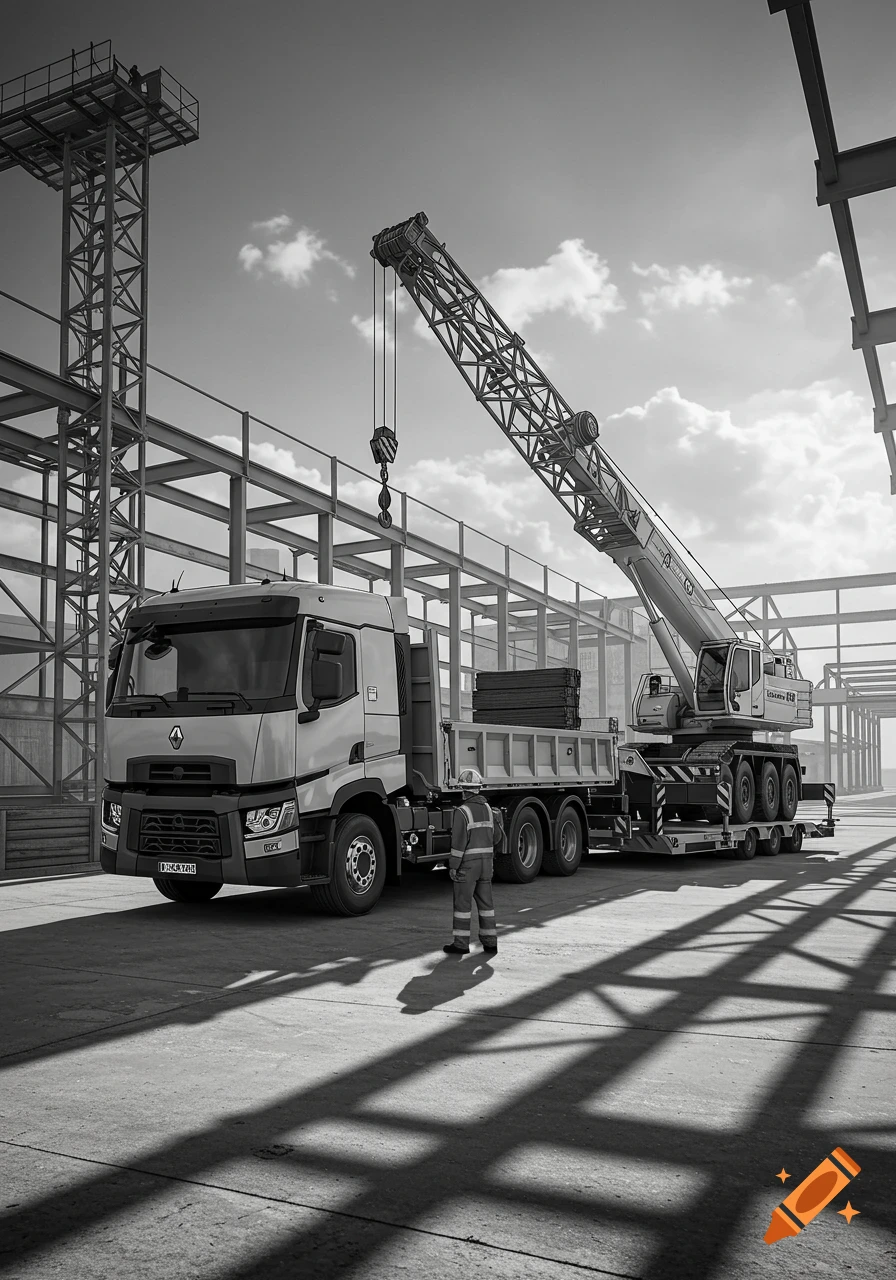 A black and white photorealistic image of a construction site with a Renault flatbed truck, a crane vehicle on a trailer, and a worker standing in the foreground.