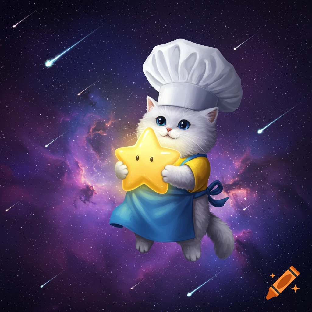 A fluffy white cat wearing a chef hat and apron floats in space, holding a glowing yellow star, with nebulae and shooting stars in the background.