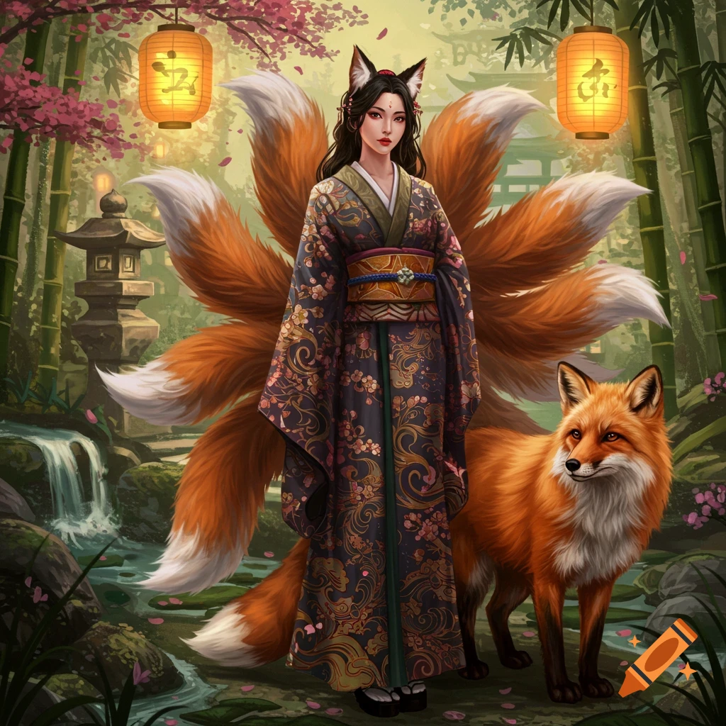 A Kitsune woman in a patterned kimono with multiple tails stands in a Japanese garden with a fox, under hanging lanterns.