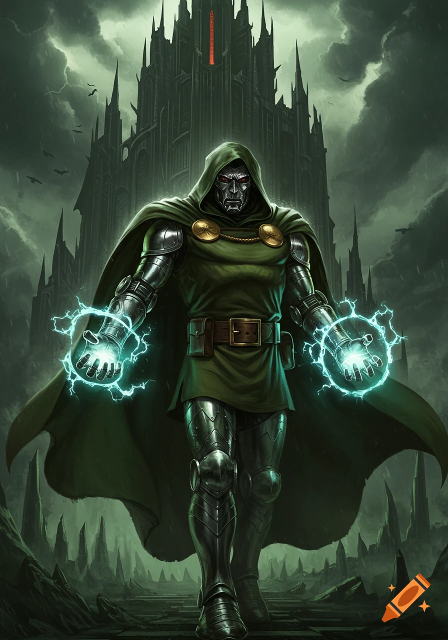 Doctor Doom in full armor and green cape, casting electric energy, stands before a dark, ominous castle under a stormy green sky.