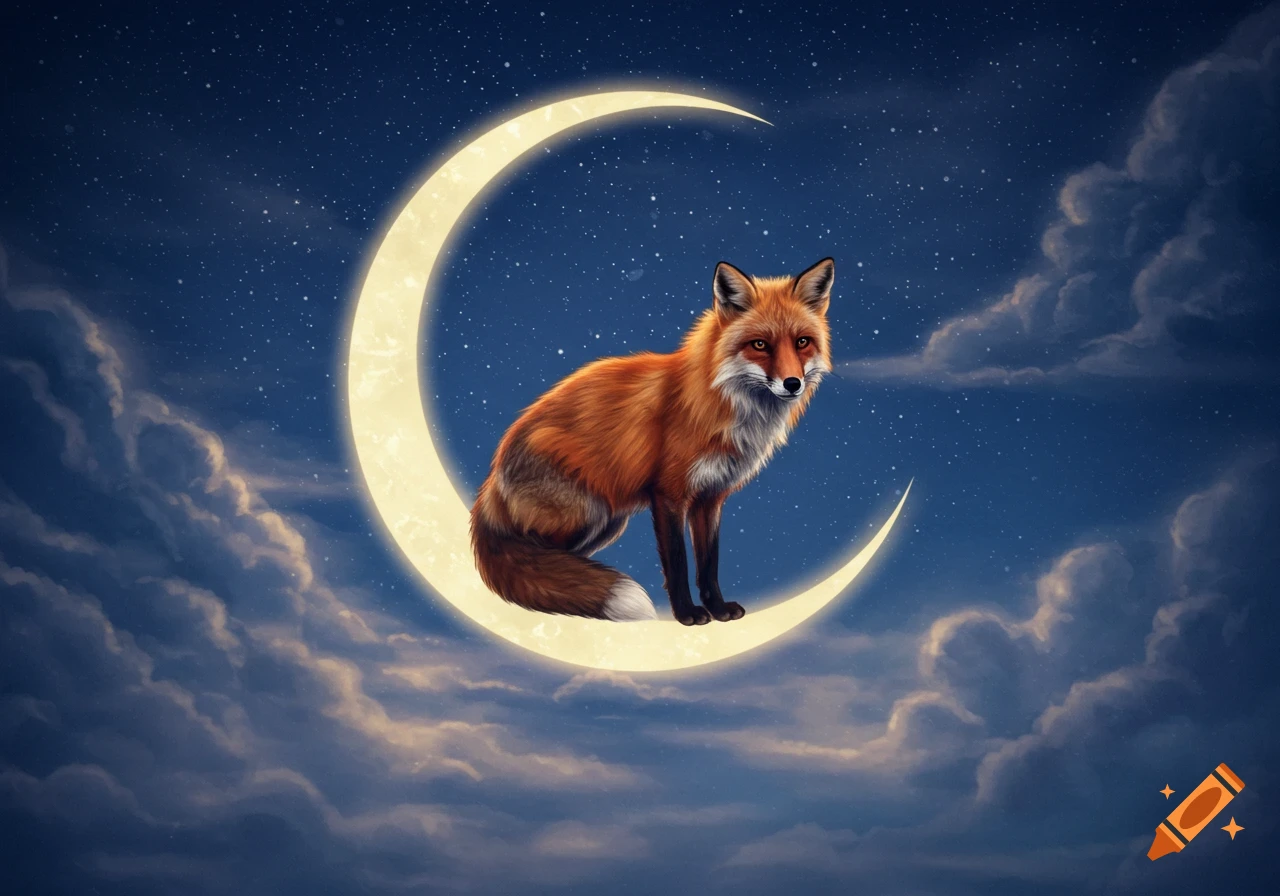 A red fox with white markings sits on a glowing crescent moon in a starry night sky with clouds.