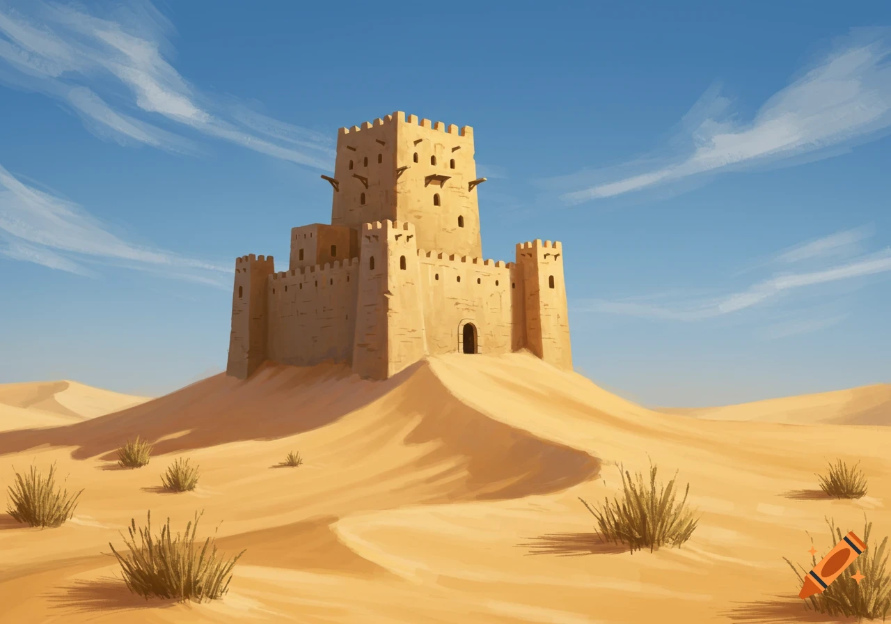 A sand-colored castle with battlements sits atop a large dune in a vast desert under a blue sky with wispy clouds.
