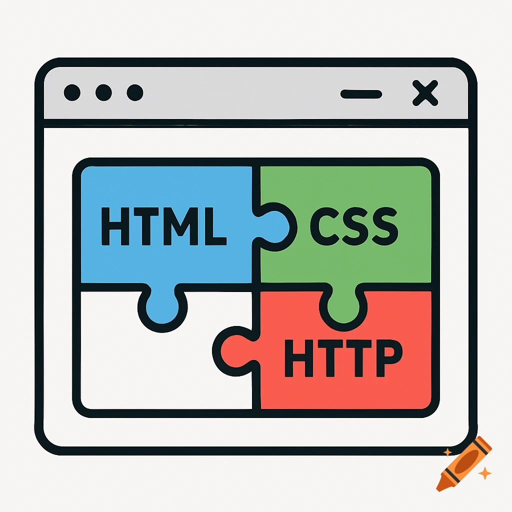 An illustration of a browser window containing four colorful puzzle pieces. Three pieces are labeled 'HTML', 'CSS', and 'HTTP'.