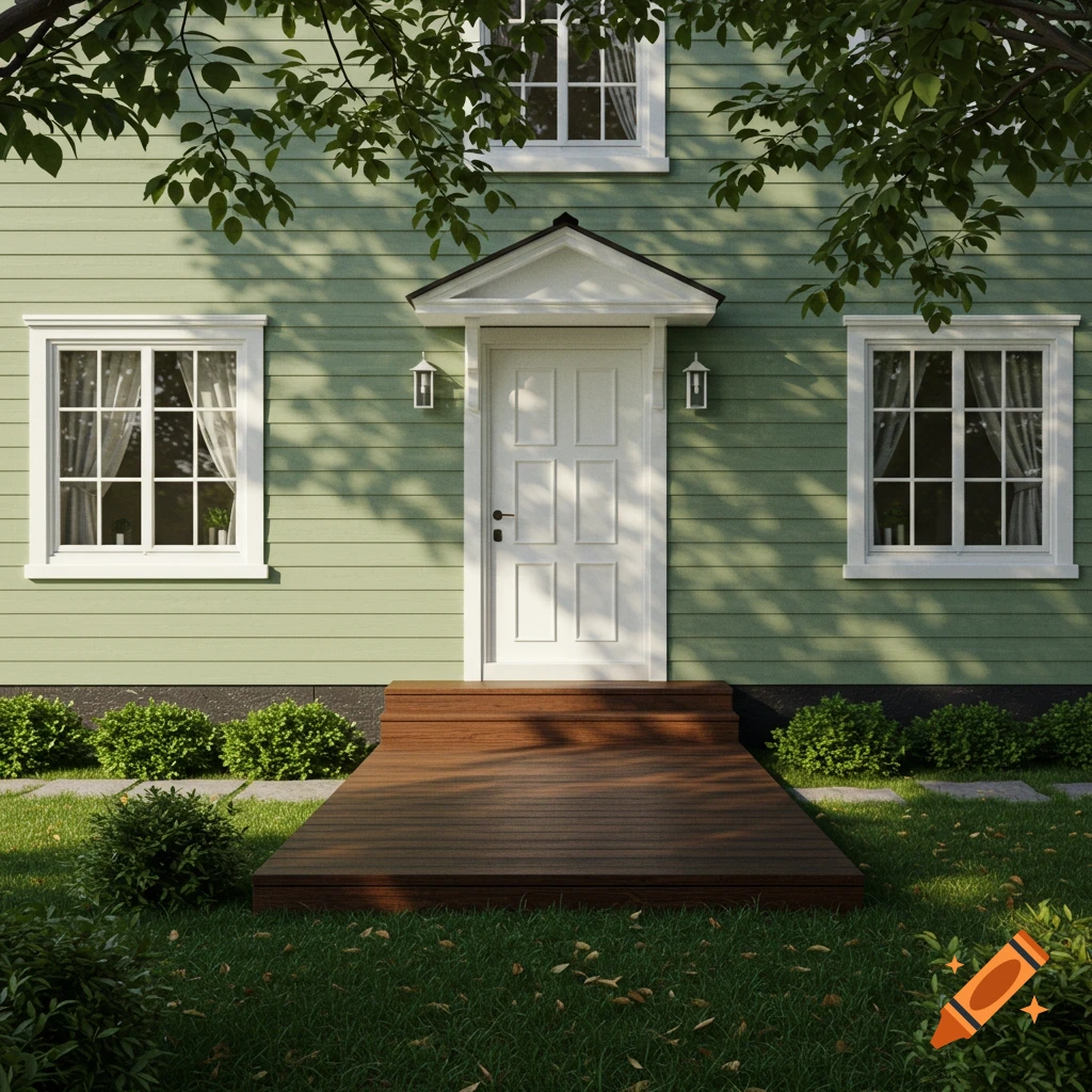 A photorealistic image of a sage green house with a white front door, dark brown deck, and green bushes.