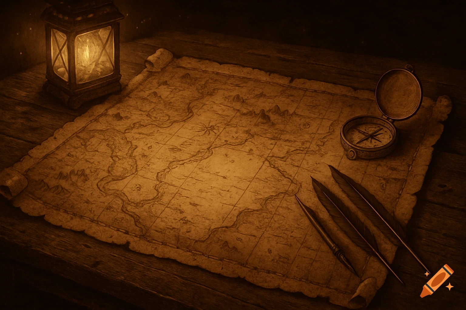 An old, unrolled parchment treasure map illuminated by a glowing lantern, with a compass and quills on a wooden table.