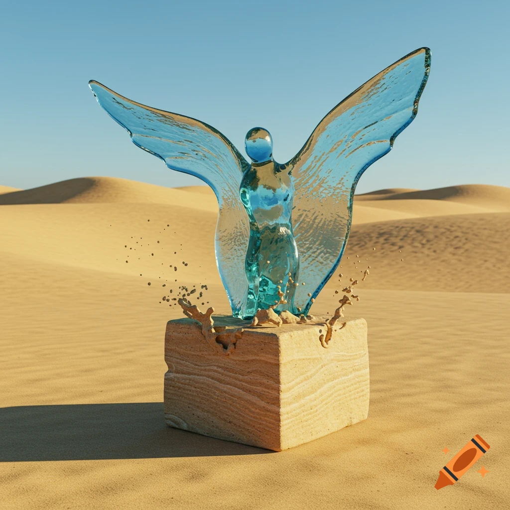 A photorealistic image of a translucent blue glass angelic sculpture with wings, on a wooden block with water splashes, in a desert.