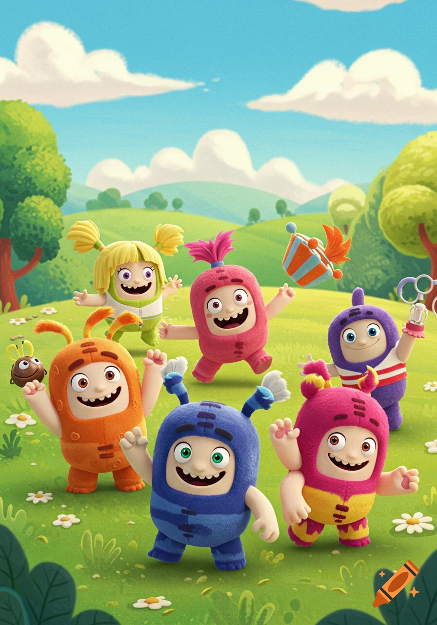 Six colorful Oddbods cartoon characters smiling and dancing in a vibrant green field under a blue sky.