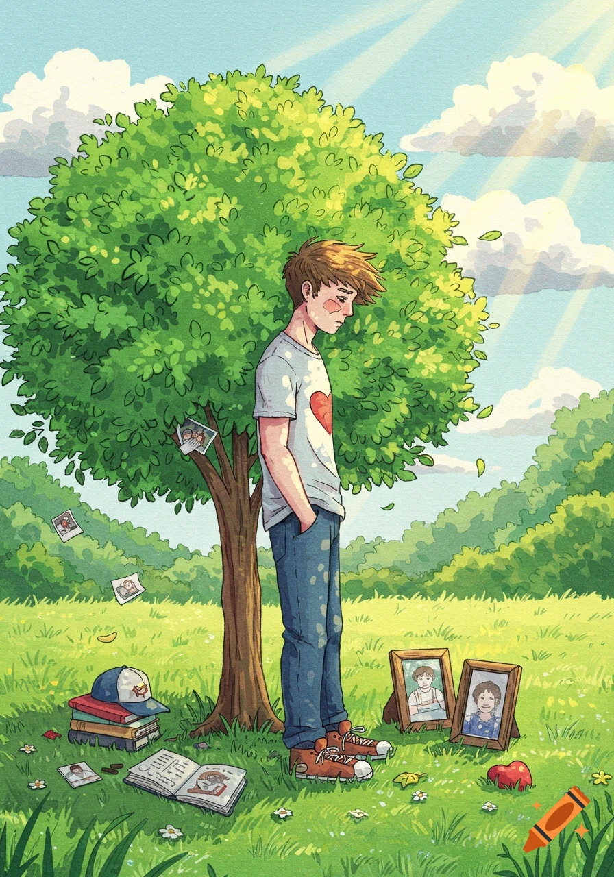 A sad young man stands under a large green tree in a field, surrounded by framed photos and mementos on the ground, in an illustration style.