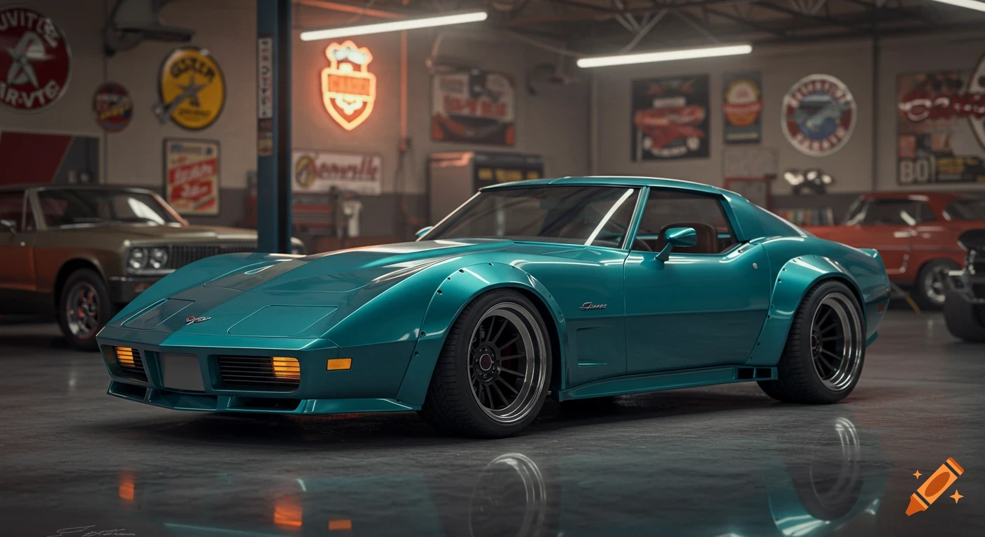 A teal widebody C3 Corvette with wide fenders and custom wheels sits on a reflective garage floor, surrounded by vintage signs.
