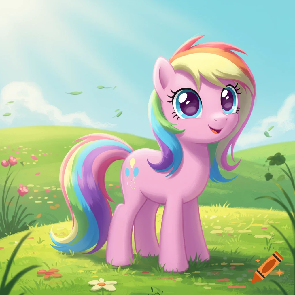 A cute pink cartoon pony with big sparkling eyes and a rainbow mane and tail stands in a sunny green meadow.