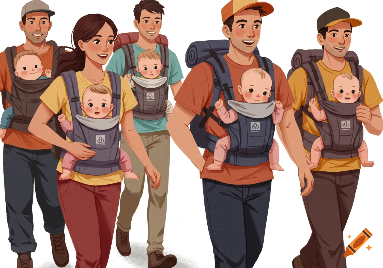 An illustration of a diverse group of happy parents hiking with their babies in front carriers.