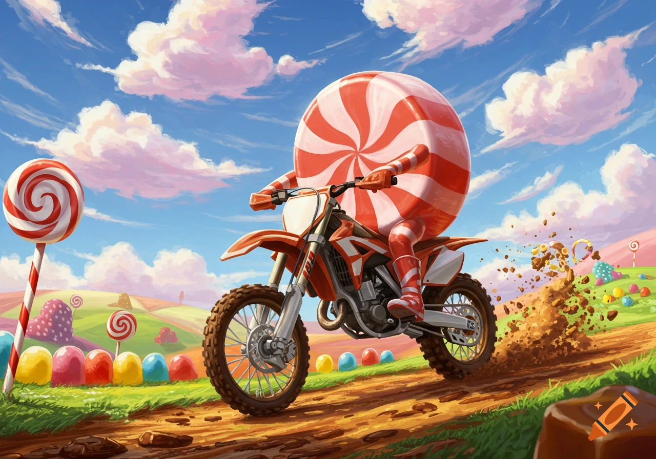 A candy character with red and white stripes rides an orange motocross bike through a vibrant candy land under a blue sky.