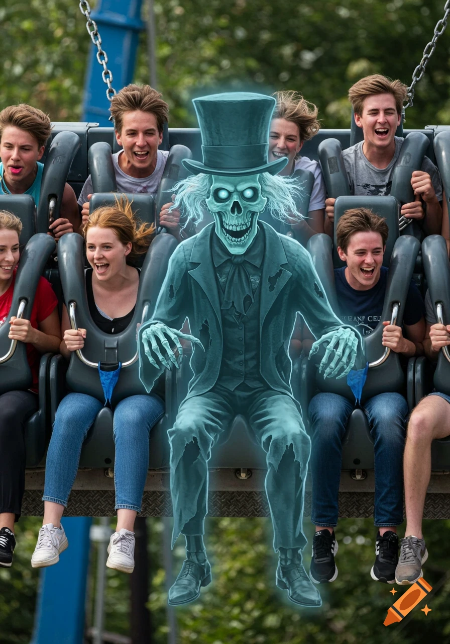 A glowing blue skeleton in a top hat sits on a thrilling theme park ride next to laughing people in a photorealistic style.