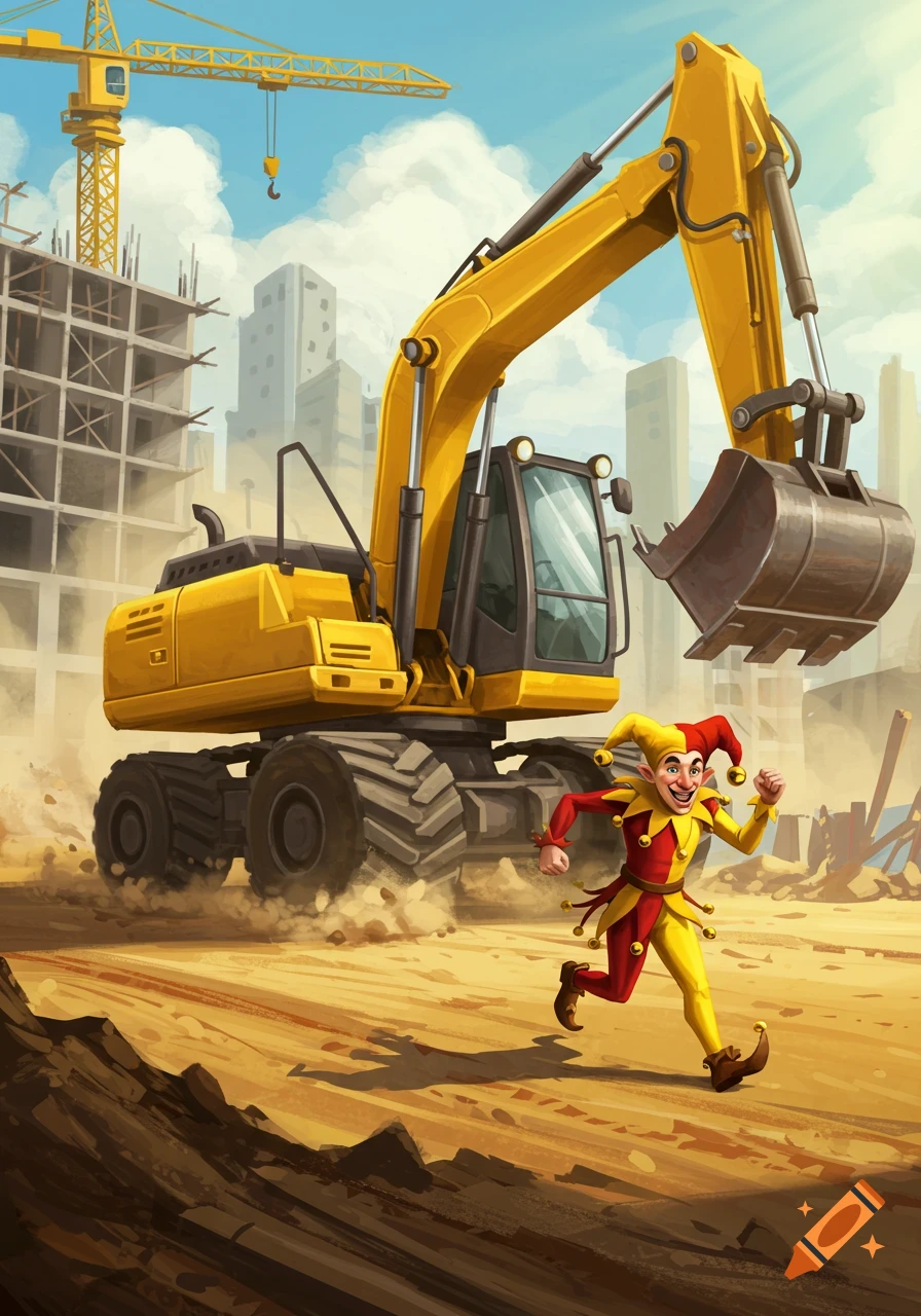 A jester in a red and yellow costume runs across a dirt construction site, pursued by a large yellow excavator under a blue sky.
