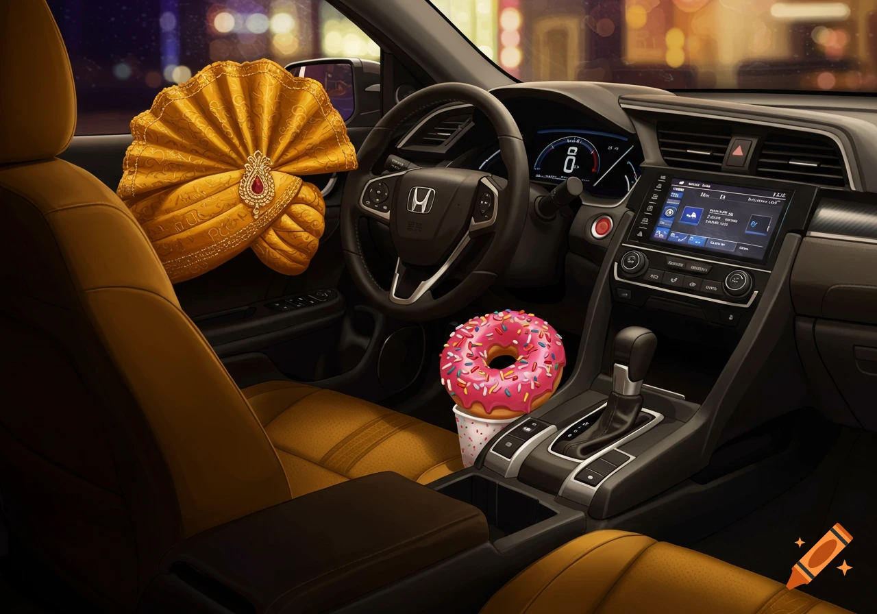 An ornate golden Indian turban and a pink frosted donut in a cup are inside the interior of a Honda Civic at night.