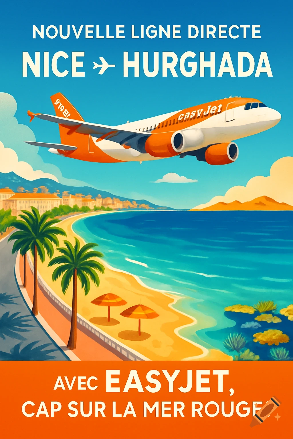 A colorful travel poster in a modern illustration style. An orange and white EasyJet airplane flies over a vibrant blue sea and a golden beach lined with palm trees. The background features a cityscape on one side and mountains on the other. Text reads: "Nouvelle ligne directe Nice ✈ Hurghada" and "Avec EASYJET, cap sur la Mer Rouge!"