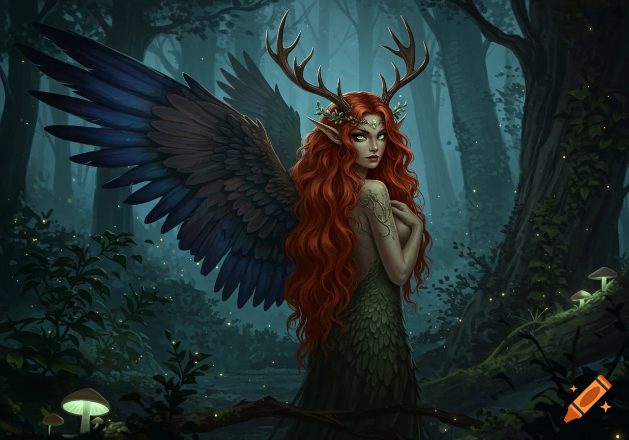 A red-haired forest nymph with antlers, blue-purple wings, and a green scaled dress in an enchanted night forest. Digital painting.