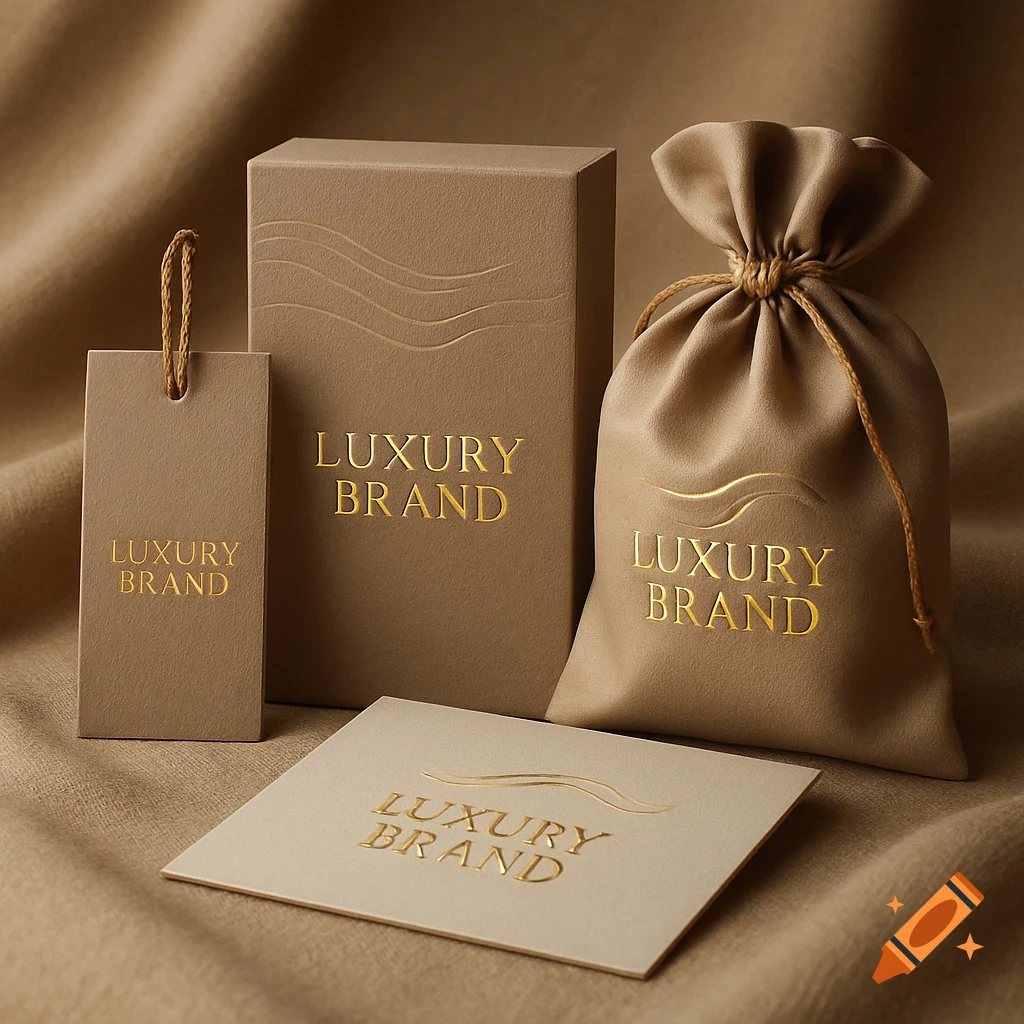 Photorealistic image of luxury brand packaging including a box, tag, drawstring bag, and card, all in sandy beige with gold text.