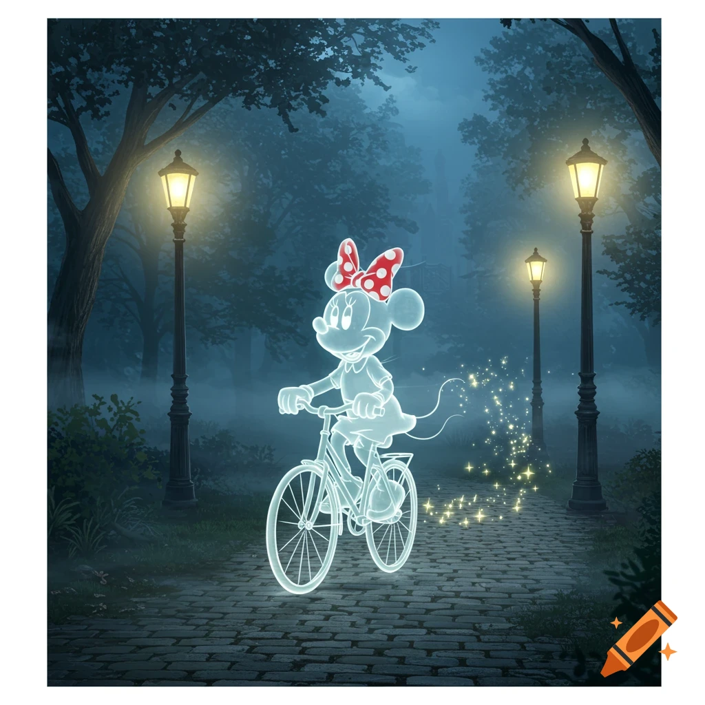 A glowing Minnie Mouse ghost rides a bicycle down a misty cobblestone path with sparkling trails, flanked by lampposts in a dark forest.